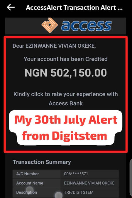My Credit Alert in Naira for the Month of July (over **500,000 made in a month**)